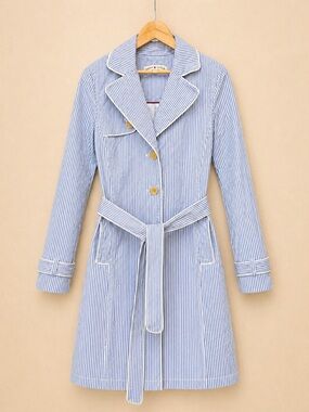 TOMMY HILFIGER Trench Coat Belted Striped Spring Jacket Classic